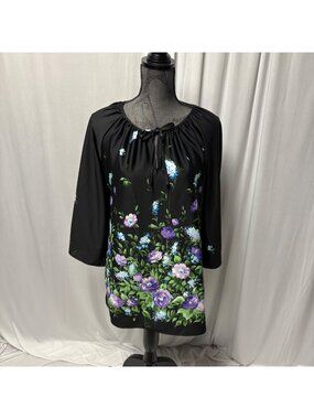 Teddi Of California Floral Black Tunic Top Womens Size 16 Tie Neck Blouse VTG